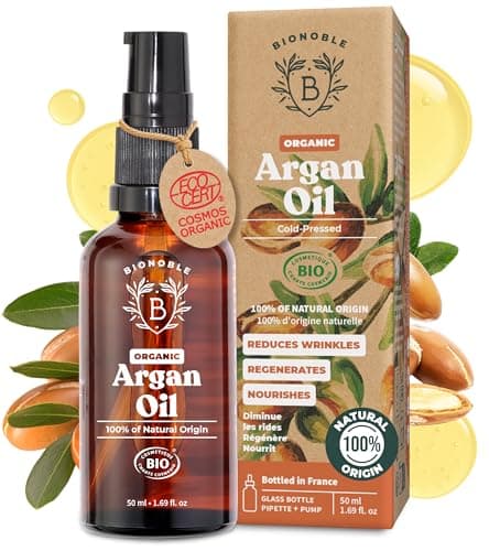 Image of BIONOBLE Organic Argan Oil for Hair - Cold Pressed in Morocco - Nourishes, Repairs and Anti-Aging - 100% Pure Argan Oil for Skin, Face - Vegan, Hexane Free - Glass Bottle, Pipette and Pump - 50ml
