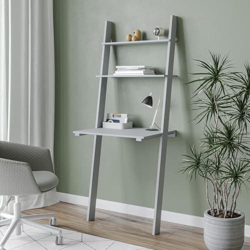 Image of URBNLIVING White Or Grey Ladder Desk 2 Shelf Wooden Bedroom Computer Table Work Office Unit (Gray)