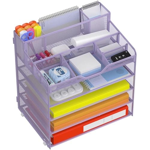 Image of Docnest Multi-Functional Desk Organizer Tray, 5 Tier Paper Letter Tray Organizer with 3 Pen Holder, Mesh Desktop Organizer and Storage with 5 Adjustable Compartments for Office Supplies-Purple