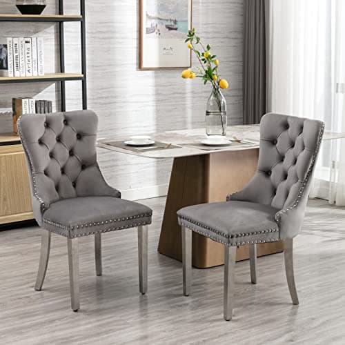 Image of HomeTouch Luxury Velvet Kitchen Dining Chairs with Chrome Steel Legs Set of 2 Upholstered Knocker Wing Back Chairs for Dining Room, Hand Made (2, GreySteel)