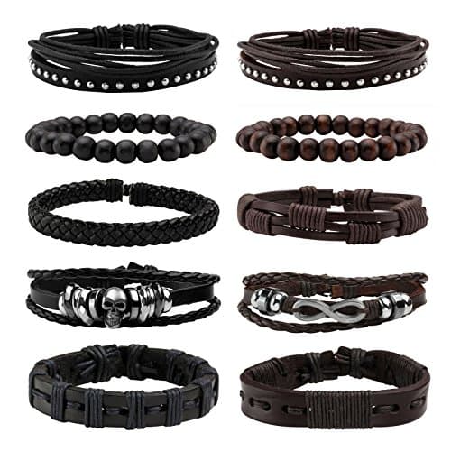 Image of MILAKOO 10Pcs Women Men Black Braided Leather Bracelet with Punk Skull Decor