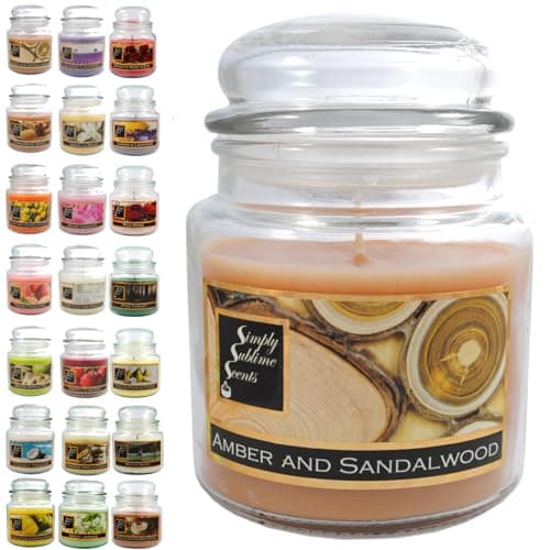 Image of SIMPLY SUBLIME SCENTS - Luxury Scented Candle - Exceptional Fragrance Oil - Medium Glass Jar, Up to 76 Hours - Clever Wax Formula for a Clean & Even Burn - Amber and Sandalwood - Cotton Wick