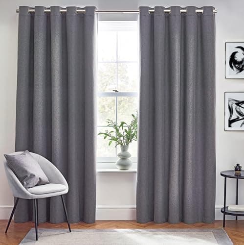 Image of furn. Dawn Textured Blackout Eyelet Curtains – Thermal Lined Pair (Charcoal - Width 229 x Drop 183cm)