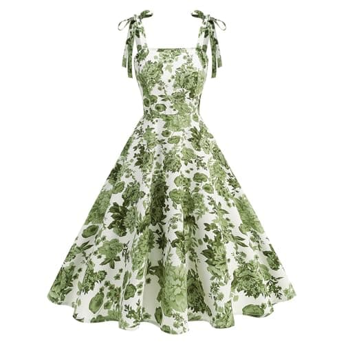 Image of Odizli 1940s Dresses for Women 1950s 50s 40s Vintage Rockabilly Elegant 1960s Retro Style Ladies Fancy Summer Spaghetti Straps Floral Print Swing A Line Wedding Guest Cocktail Tea Dress Green S