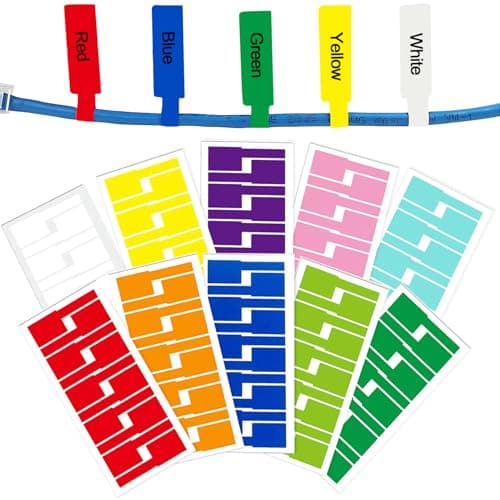 Image of 100 Pcs Cable Labels,Colour Self-Adhesive Markers,Waterproof Tear Resistant,Write On Wire Labels for Print and Handwriting Cable Organize,Cable Identification (10 Colors)