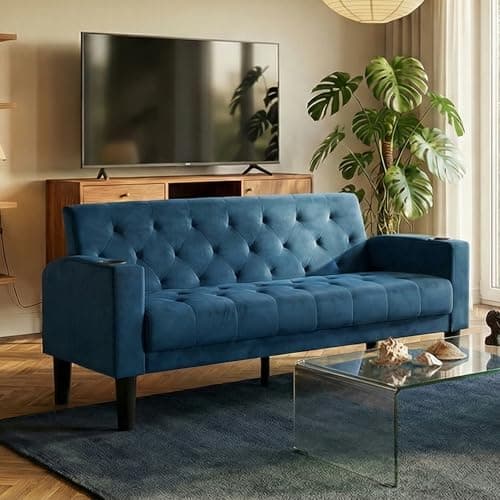 Image of GRAVFORCE Sofa 2 Seats 157cm Comfy Small Sofa with 2 USB 2 Cup Holders Upholstered Couch Loveseat Sofas for Living Room Bedroom Office Blue