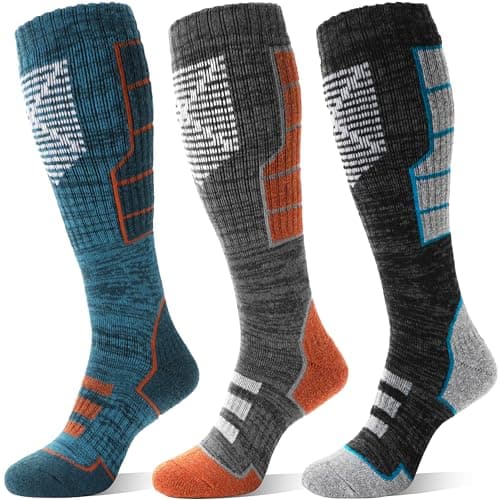 Image of MOSEY KOSY 3 Pairs Unisex Merino Wool Ski Socks Thermal Warm Winter Thick Knee High Long Athletic Socks for Hiking Skiing(Orange-gray Series,7-11)