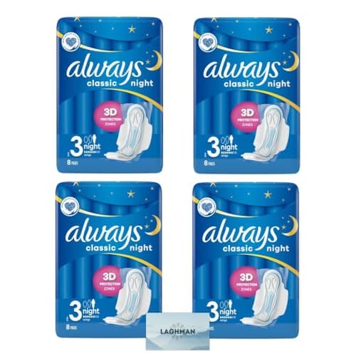 Image of Classic Night Sanitary Pads with Wings - Size 3 - Bundle of 4 Packs - (4 x 8 Pads) - Alway