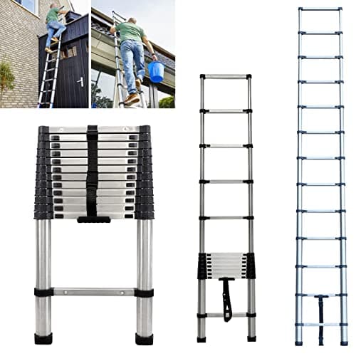 Image of Extension Ladders 12.5FT Stainless Steel Telescopic Folding Portable Extendable Ladder 3.8M for Home or Office Use, Cleaning, Maintenance, Decoration