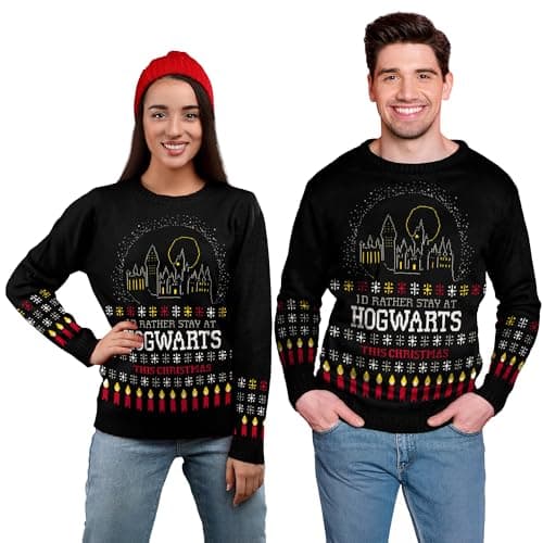 Image of United Labels Harry Potter Christmas Jumper Unisex I'd Rather Stay at Hogwarts This Christmas Black Winter Knitted Jumper, 3XL