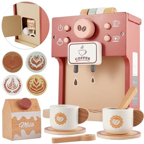 Image of BUYGER Kids Wooden Coffee Machine Toy, Pretend Play Kitchen Appliances Accessories Coffee Playset Role Play Toys Gifts for 3 4 5 Years Olds Kids Boys Girls
