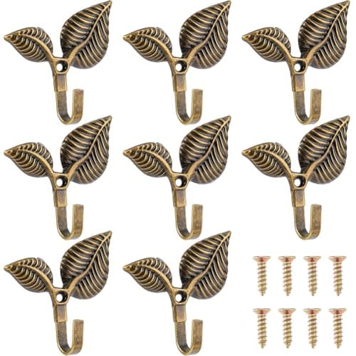 Image of SUPERFINDINGS 8Pcs Iron Leaf Wall Hooks Decorative Wall Mounted Coat Hooks Vintage Iron Coat Hook for Hanging Hat Towel Key Caps Clothes Kitchen Antique Bronze