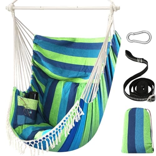 Image of Chihee Hammock Chair Hanging Swing Max 500 Lbs 2 Cushions Included Metal Spreader Bar with Anti-Slip Grooves Portable Hanging Chair Side Pocket Large Macrame Bohemian Chair Indoor Outdoor