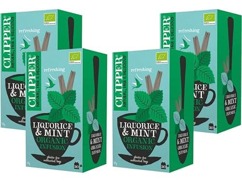 Image of Clipper Organic Liquorice & Mint Tea Bags - 20 Tea Bags, Herbal Infusion with Peppermint, Naturally Sweet Caffeine-Free Tea, Plastic-Free Biodegradable Tea Bags (Pack of 4) from SuperfoodUK
