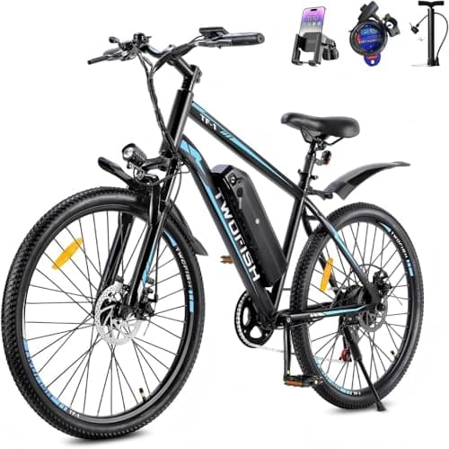 Image of TWOFISH Electric Bike, 26" Electric Mountain Bike for Adults with 36V 15Ah Battery Max Range 100 KM 25KM/H 3 Riding Mode 7 Speed E Bike with Disc Brakes LED Display, TF-1 (Black-Blue)