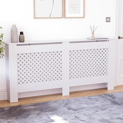 Image of Vida Designs Oxford Radiator Cover White - Extra Large - Traditional Cross Pattern Design For Optimal Heat Circulation - H82xW172xD19cm - Painted MDF Cabinet Ideal For Living Room & Hallway