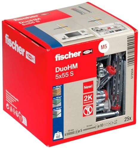 Image of fischer DuoHM 5 x 55 S TX Cavity Dowels with Metric Panhead Screw and TX Drive for Fixing TV Brackets, Lights, Wall Shelves, etc. in Panel Building Materials, Pack of 25