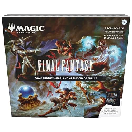 Image of Magic: The Gathering - Final Fantasy Scene Box - Garland at The Chaos Shrine | 6 Foil Borderless Scene Cards, 6 Art Cards, 3 Play Boosters + 1 Display Easel