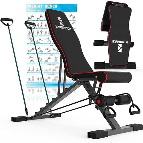 Image of KINGMAZI Adjustable Weight Bench, Exercise Workout Bench for Full Body Workout- Multi-Purpose Foldable Bench, Folding Dumbbells Bench with Resistance Band Set