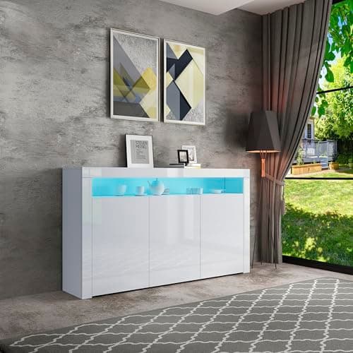 Image of Senvoziii LED Sideboard Storage Cabinet Cupboard Unit 3 Doors with Open Case High Gloss TV Stand Unit for Dining Room Living Room (White)