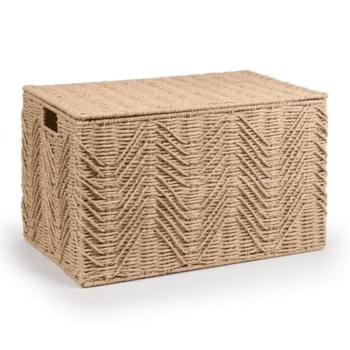 Image of woodluv Storage Basket Trunk Chest, Woven Storage Basket with Lid, Storage organiser, Basket Storage Bedding, Blanket & Toy Box, Medium - Khaki