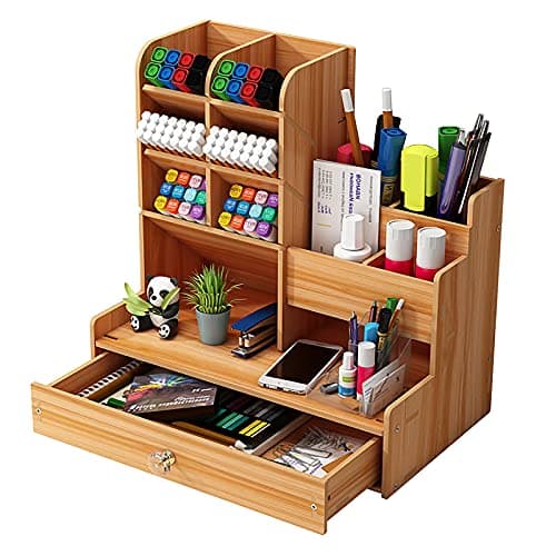 Image of Hggzeg Wooden Desk Organiser DIY Desktop Tidy Pen Holder Large Capacity Stationery Storage Box with Drawer for Home, Office and School (B17 Cherry Color)