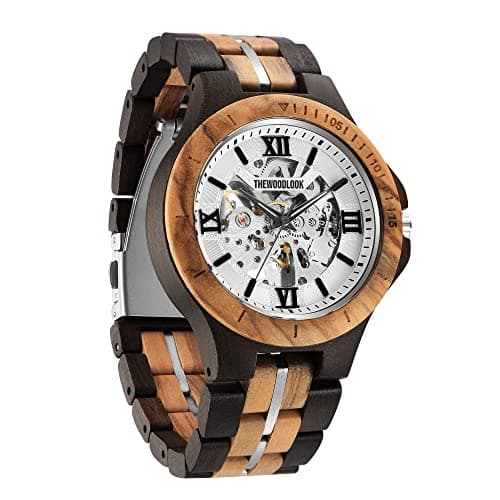 Image of Automatic Wooden Watch for Men – Self Winding Skeleton Dial with Miyota Japanese Movement, Ebony & Olive Wood Bracelet, 40th 50th 60th Birthday Gift, Anniversary Present for Husband