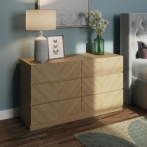 Image of GFW Catania 3+3 Drawer Chest Of Drawers Cabinet, Modern Herringbone Design Wood Effect Finish Bedroom Furniture Storage Chest, Euro Oak, D39.8 x H68 x W118.9cm