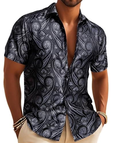 Image of Barry.Wang Men's Silk Shirt Paisley Floral Short Sleeve Button Down Dress Shirts Formal Casual Wedding Party Dark Grey