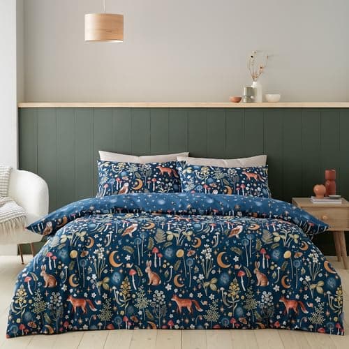 Image of Catherine Lansfield Enchanted Twilight Animals Reversible Single Duvet Cover Set with Pillowcase Navy Blue