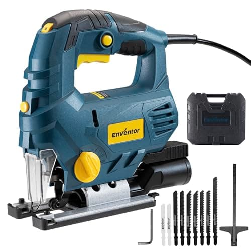 Image of Enventor Jigsaw Tool, 800W 0-3350 SPM Electric Corded Jig Saw with LED Light, 4 Orbital Sets, 6 Variable Speed, ±45°Bevel Cutting, 10 Saw Blades, Max Cutting Depth: Wood 110mm, Metal 10mm