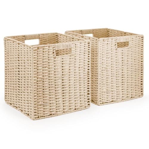 Image of Woodluv Set of 2 Storage Cube Baskets, Wardrobe Organiser Toy Storage Baskets for Shelves, Cream, 30 x 28 x 30 cm