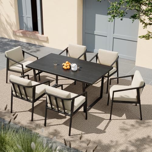 Image of Warmiehomy 7 Pieces Garden Dining Set 160cm Rectangular Garden Table and Chairs Wood Grain Tabletop 6pcs Armchairs with Seat Pads Cushion Outdoor Patio Furniture Set
