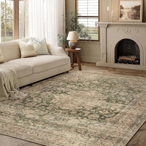 Image of HUGEAR Vintage Rugs Living Room Green Large Area Rug 160x230cm Non Slip Washable Hall Lounge Bedroom Kitchen Office Dining Room Indoor Carpet Low Pile Big Carpets