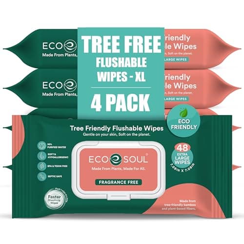 Image of ECO SOUL Bamboo Extra-Large Flushable Toilet Wet Wipes for Adults - Unscented & Alcohol Free | 4 Pack of 48 Wipes Each | Biodegradable | Non-Allergic | Soft Intimate, Body, Bum & Hand Cleansing Wipes