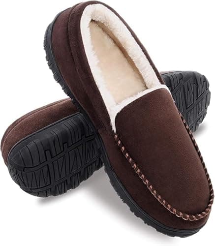 Image of MIXIN Moccasins for Men House Slippers Indoor Outdoor Plush Mens Bedroom Shoes with Hard Sole Brown Size 9