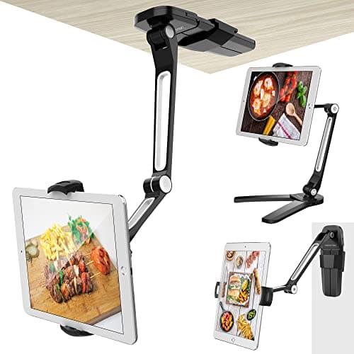 Image of AboveTEK Tablet Mount - Wall & Table Mount, Height Adjustable & 360° Rotatable, Tablet Stand Compatible with Cell Phone, iPad, Kindle, Bed, Kitchen, Wall (4.7-13.5 inches) - Black