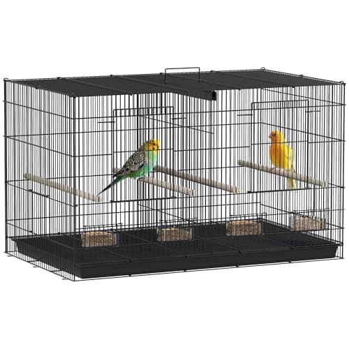 Image of PawHut Bird Cage with Divider, Parrot Cage with 4 Wooden Perches, Slide Out Tray, 4 Feeders, for Budgie, Lovebird, Canary, Finches, 76 x 46 x 46cm, Black
