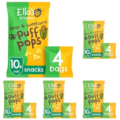 Image of Ella's Kitchen Organic Peas and Sweetcorn Puff Pops Snacks 10+ Months 4 x 9g (36g) (Pack of 5)