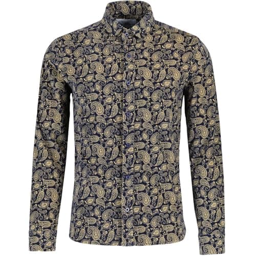 Image of Madcap England Men's Retro Mod 60s 70s 90s Indie Slim Fit Baby Cord Corduroy Paisley Print Round Penny Collar Button Down Shirt Kinfauns MC1059 (UK, Alpha, L, Regular, Regular, Navy)