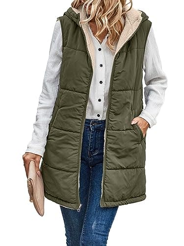 Image of Famulily Women's Long Gilets 2024 Fall Winter Reversible Sleeveless Jacket Hooded Fleece Coat with Pocket Army Green S