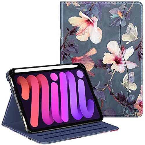 Image of FINTIE Case for iPad Mini 7 (2024, A17 Pro) / iPad Mini 6 (2021) 8.3 Inch, [Multi-Angle] Viewing Folio Smart Stand Cover with Pencil Holder & Pocket, Blooming Hibiscus