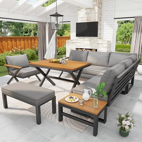 Image of Merax Garden Furniture Outdoor Patio Dining Sofa Set, Conversation Set with Dining Table, Loveseat, Armchairs & Bench, with All Seat & Back Cushions, for Garden Yard Poolside, Grey