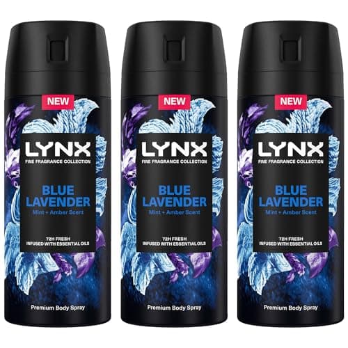Image of Lynx Fine Fragrance Collection 72 Hour Fresh, Odour and Sweat Protection Premium Deodorant Body Spray Infused with Essential Oil for Men 150 ml, 3 Pack (Blue Lavender)