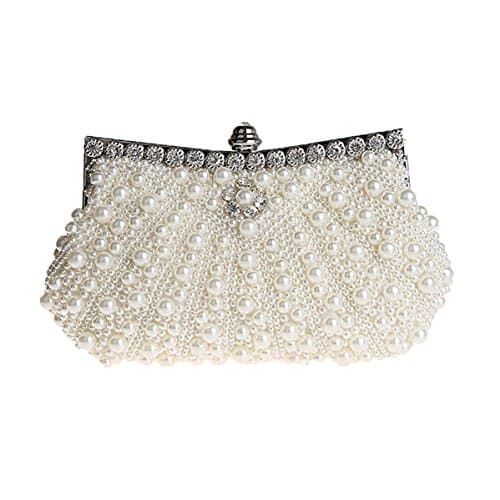 Image of HONGCI Glitter Faux Pearl Beaded Rhinestone Women's Clutch Bag, Ladies Evening Bag Bridal Wedding Bag Handbag Prom Bag Purse (Off White)