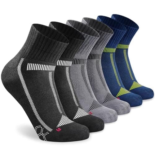 Image of Stoeury Mens Running Socks Anti-Blister Cushioned Womens Trainer Socks, Breathable & Sweat Wicking Quarter Ankle Athletic Sports Sock for Hiking Walking Cycling Multipack 3 Pairs, Multicolor 12-15