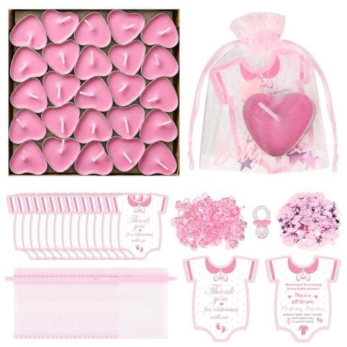 Image of Iyxeo Pink Baby Shower Favors for Guests – 50 Sets Tea Light Candle Party Favours with Thank You Cards, Organza Bags & Mini Pacifiers, Baby Girl Shower Decorations & Keepsake Gifts