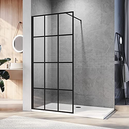 Image of ELEGANT Walk in Black Shower Screen for Wet Room 8mm Safety Tempered Glass Screen Panel Bathroom Reversible Black Grid Framed Shower Screen 900mm