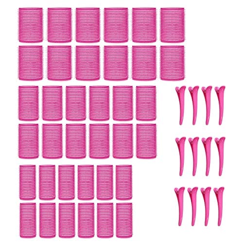 Image of KEYRI 48PCS Hair Rollers Set Hair Rollers with Clips Self Grip Jumbo Hair Roller No Heat Heatless Hair Roller for Long Medium Short Hair Styling Hairs Salon Hairdressing Curlers (Pink, 3 Size)