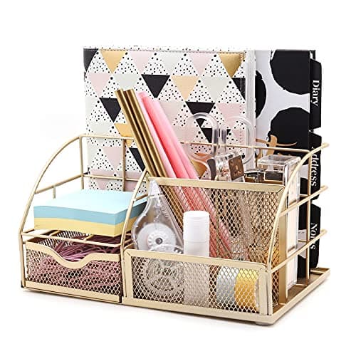 Image of EXERZ Desk Organiser/Mesh Desk Tidy Caddy/Pencil Holder Multifunctional with 7 Compartments - Gold